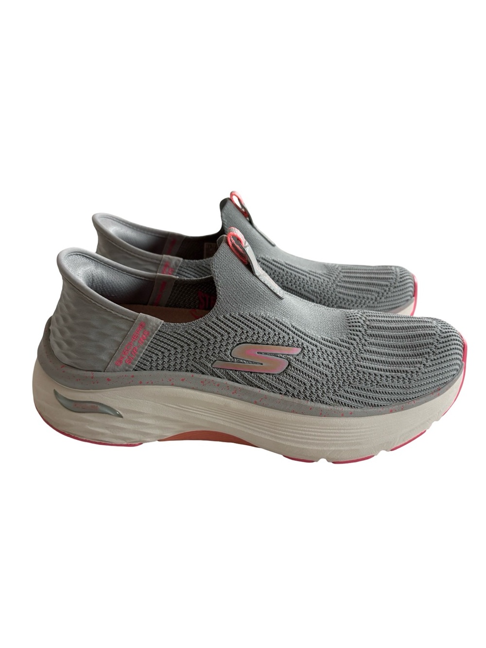 Sketchers Slip-On Knit Walking Shoes Gray with Pink Sz 7.5